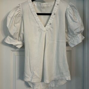 Elegant White V-Neck Blouse with Puff Sleeves